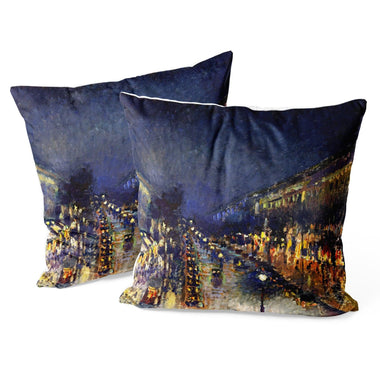 Art Landscape Throw Pillow Covers Pack of 2 18x18 Inch (Boulevard Montmartre At Night by Pissarro) - Berkin Arts